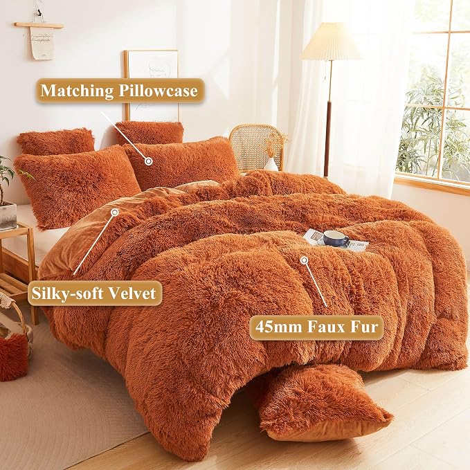 XeGe Fluffy Faux Fur Duvet Cover Set, Luxury Ultra Soft Plush Shaggy Terracotta Bedding Set 3 Pieces Velvet(1 Fuzzy Comforter Cover + 2 Furry Pillow Cases), Zipper Closure (King, Burnt Orange)