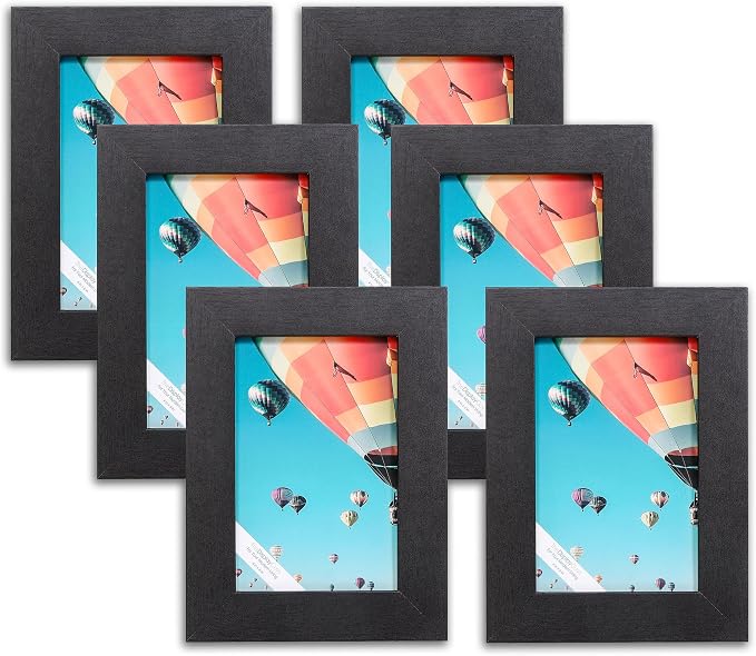 The Display Guys - Black Wooden Minimalist Picture Frames Set - Tempered Glass - 4x6 - Tabletop Easel - 6-Pack