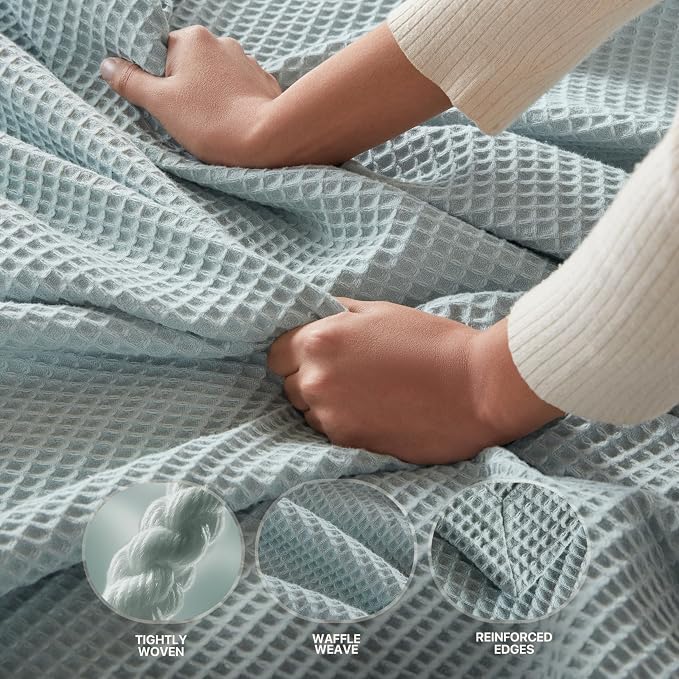 Madison Park 100% Cotton Blanket, Trendy Woven Waffle Weave Design, All Season, Lightweight, Breathable, Soft and Cozy Casual Summer Cover, for Bed, Couch and Sofa, King(108 in x 90 in), Aqua