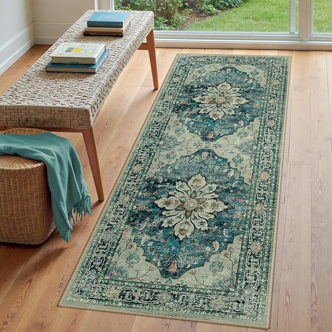 RELEANY Area Rugs 3'x7' Runner Rug Non Slip Washable for Kitchen Hallway Bedroom Beside Laundry Room Bathroom Rug, Floor Carpet, Dark Blue Vintage