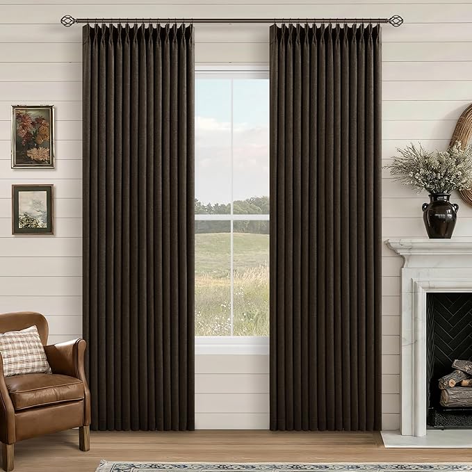 Dark Chocolate Pinch Pleated 100% Blackout Linen Bedroom Curtains 80 Inch Length Double Layer Pleat Curtains Ring Hooks Back Tab Black Out Room Darkening Brown Drapes 80 Inches Long Living Room