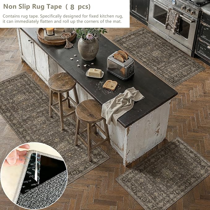 2 Piece Washable Kitchen Rug Set Vintage Brown Non Slip Low Pile Runner Mats Traditional Retro Soft Area Rugs for Hallway Bathroom Floor Sink Laundry Bedroom Entryway, 2x6 + 2x10