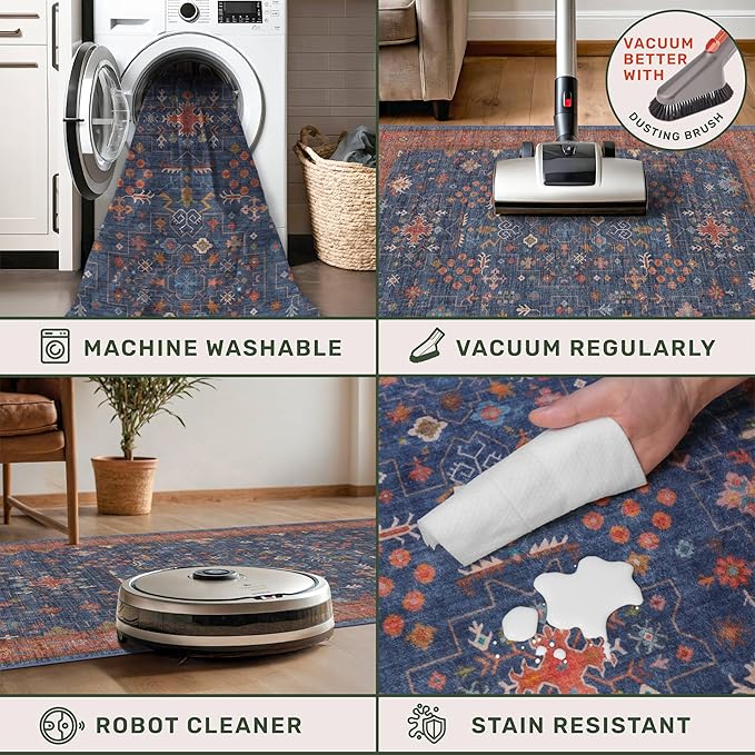 Washable Kitchen Rugs, 3x4 Area Rug for Large Entryway Indoor, Kitchen Mat, Small Rug for Living Room - Stain Resistant Non Skid Non Slip Rubber Backing, Boho Aethestic Décor (3x4 Navy Blue)