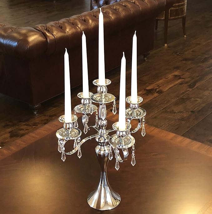 Allgala Silver Candle Holder 19" 5-Arm Silver Chrome Plated Taper Candle Holder Candlestick Candelabra