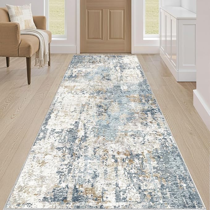 Runner Rug Non Slip Rugs: 2x6 Hallway Kitchen Washable Abstract Soft Modern Stain Resistant Indoor Floor Neutral Accent Throw Carpet for Bathroom Laundry Room Entryway Bedroom- Blue