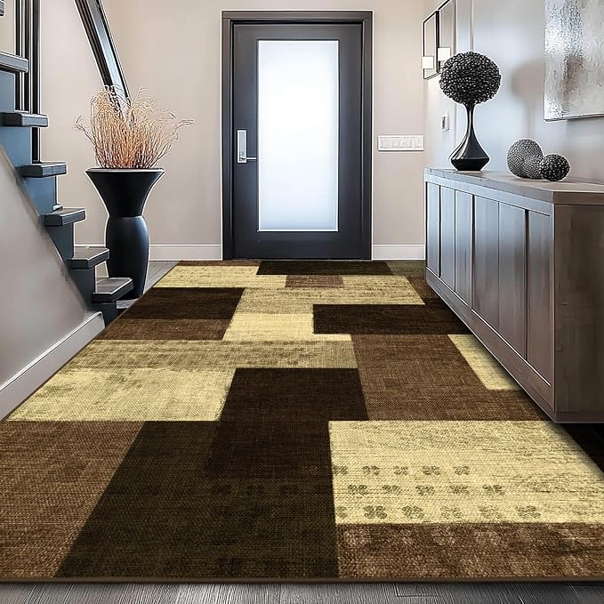 Modern Geometric Patchwork Indoor Area Rug for Living Room, Warm Taupe 6x9 Large Rug Rockwood Collection Hardwood Floors Decor for Bedroom, Taupe Throw Carpet for Office Entryway Dining Room