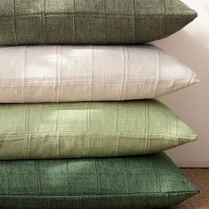 Foindtower Set of 2 Decorative Linen Check Throw Pillow Covers Neutral Farmhouse Vintage Cushion Covers Modern Boho Accent Home Decor for Sofa Chair Couch Bedroom Living Room,18×18 Inch,Light Green