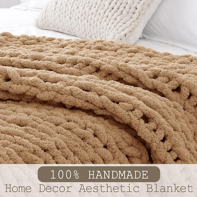 Chunky Knit Throw Blanket 50x60, 100% Handmade Chenille Yarn | 4.4lbs Soft Thick Cable Knitted Blankets, Large Rope Knot Crochet Throws for Couch Sofa Bed Machine Washable, Tan Brown