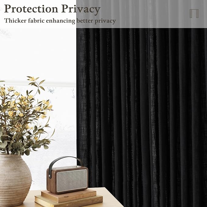 Black Pleated Linen Curtains 96 Inches Long for Living Room 2 Panel Set Semi Sheer Light Filtering Pinch Pleat with Rings Hooks Back Tab Drapes Neutral Boho 96 Inch Curtain for Bedroom Window W50xL96