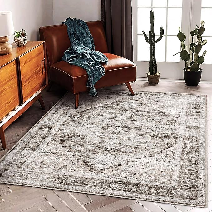 CHAMPLANT Area Rug 6'x9' Deep Khaki Washable Vintage Traditional Floor Cover Thin Retro Kitchen Indoor Distressed Non Slip Carpet for Living Room Bedroom Dining Room