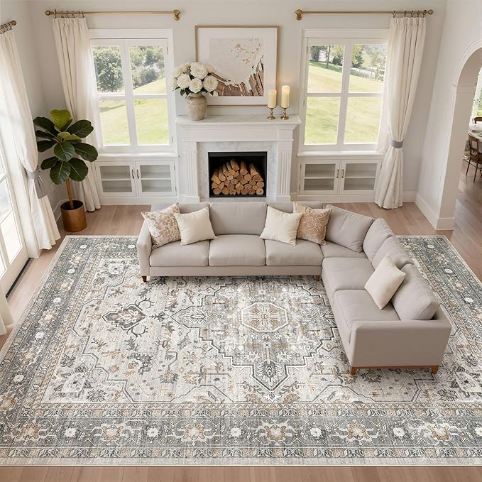 10x12 Area Rug Living Room: Washable Boho Large Neutral Vintage Soft Rugs Stain Resistant Distressed Farmhouse Non-Slip Indoor Floor Carpet for Bedroom Nursery Kids Office Dining Room- Taupe