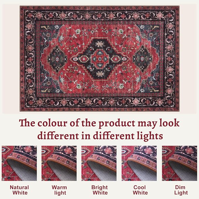 Tangsoo 4x6 Washable Area Rug, Oriental Rug Indoor for Living Room, Boho Non Slip Machine Washable Large Rugs, Vintage Soft Low Pile Foldable Carpet for Bedroom Dining Room Dorm Office Red/Black