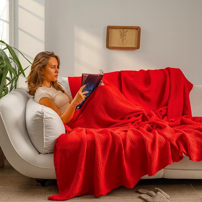 Muslin Blanket - Pure 100% Turkish Cotton Airy Soft Light Versatile Gauze Throw Blanket for Bed, Couch, Sofa (Red, King Size (95" x 110" inch))