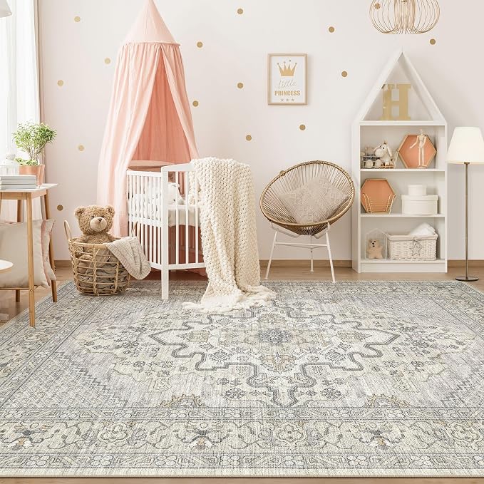 Tortania Area Rug Living Room Rugs - 10x14 Washable Boho Rug Vintage Oriental Distressed Farmhouse Large Thin Indoor Carpet for Living Room Bedroom Under Dining Table Home Office - Beige Linen
