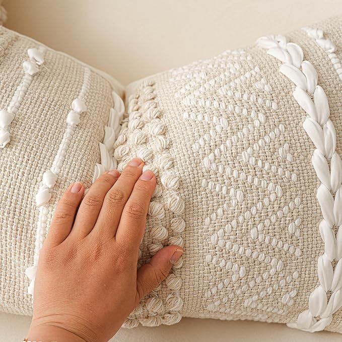 BlissBlush Boho Throw Pillow Cover 22X22, Large Decorative Accent Pillow for Couch, Square Woven Textured Pillowcase, Modern Boho Pillow for Bed, Bohemian Pillow Cover, Cream White (Pack of 1)