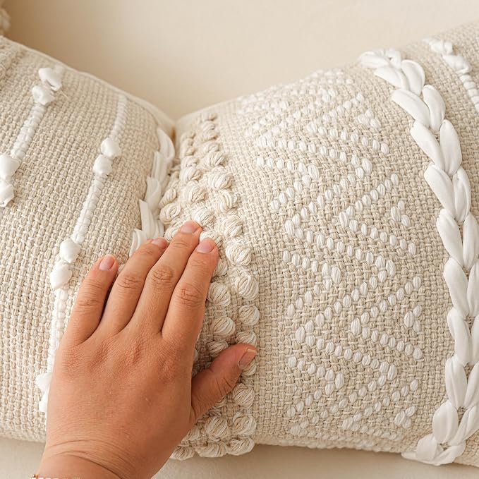 BlissBlush Boho Throw Pillow Cover 20X20, Decorative Accent Pillow for Couch, Square Woven Textured Pillowcase, Modern Boho Pillow for Bed, Bohemian Pillow Cover, Cream White Neutral (Pack of 1)