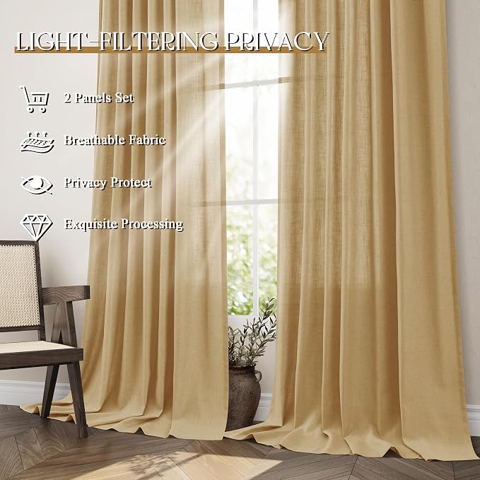 Jowels Gold Yellow Linen Curtains 84 Inch Long 2 Panels for Living Room | Light Filtering Semi Sheer Curtain, Back Tab Pocket Pleated Look, Boho Farmhouse Textured Privacy Drapes for Bedroom Window