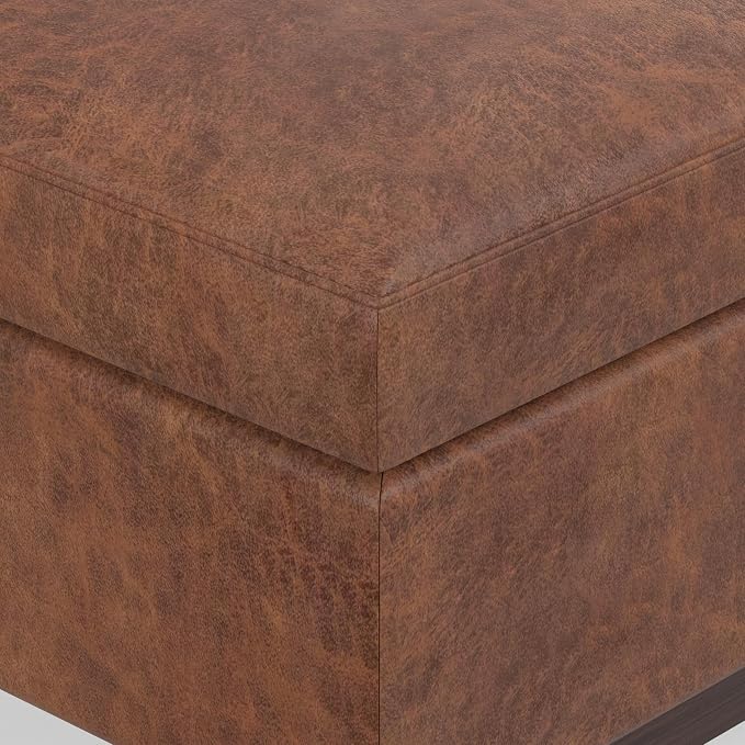 SIMPLIHOME Owen Coffee Table Storage Ottoman - 34" Wide x 19" High Upholstered Vegan Leather Rectangular Lift-Top Ottoman in Distressed Saddle Brown, Mid-Century Modern Bench with Tapered Legs