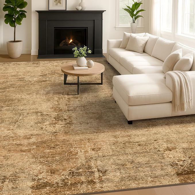 Hazo Haus Large Gold Brown Area Rug for Living Room Table – Rustic Farmhouse 10x14 Extra Large Washable Rug for Dining Room, Bedroom Under Bed, Non-Slip with Rubber Backing & Stain Resistant