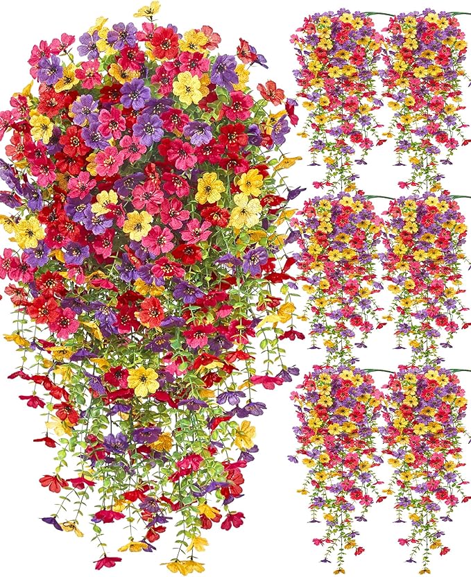 Serwalin 6PCS Artificial Hanging Flowers for Outdoors, UV Resistant Fake Hanging Plants, Realistic Weatherproof Outdoor Decor for Patio, Porch, Garden & Window (Spring Color, 6PCS)