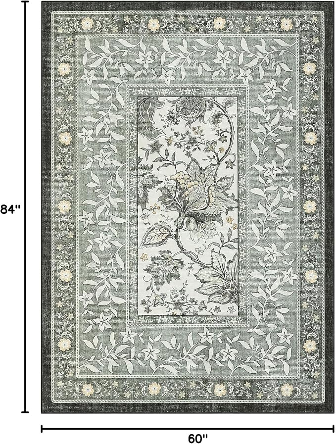 GarveeHome Provence 5x7 Area Rugs, Botanical Grove Soft Cottagecore Non-Slip Washable Rug for Bedroom Living Room Nursery Kitchen Low-Pile Retro Carpet Gray Fog Green