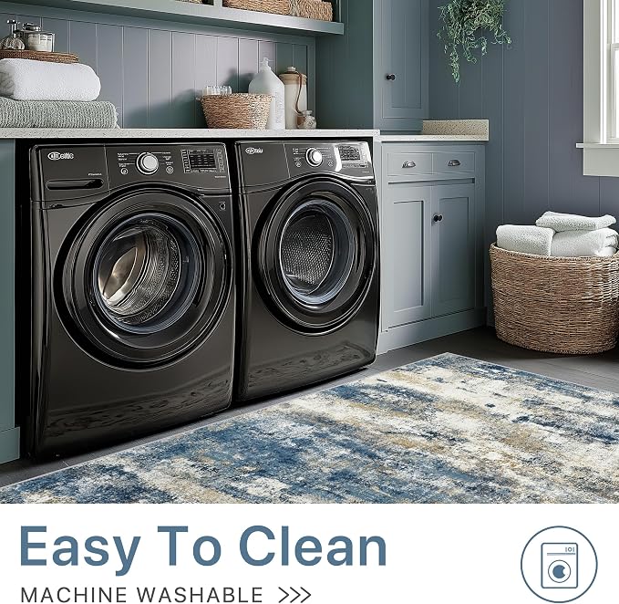 BEIMO 2x3 Rugs for Entryway Entrance Kitchen Bathroom, Machine Washable Modern Abstract Soft Area Rug, Low Pile Indoor Floor Carpet with Non Slip Backing, Navy Beige