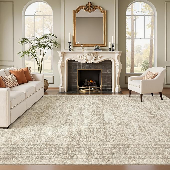 Soalmost 7x10 Area Rug for Living Room Washable Abstract Vintage Soft Thin Indoor Floor Non-Slip Carpet for Bedroom Dining Room Beige