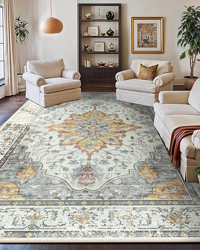 RELEANY Area Rugs 9'x12' Washable Non-Slip, Floral Vintage Distress Print Pattern Medallion Carpet for Living Room Bedroom Dining Room, Light Yellow Carbon Grey Orange