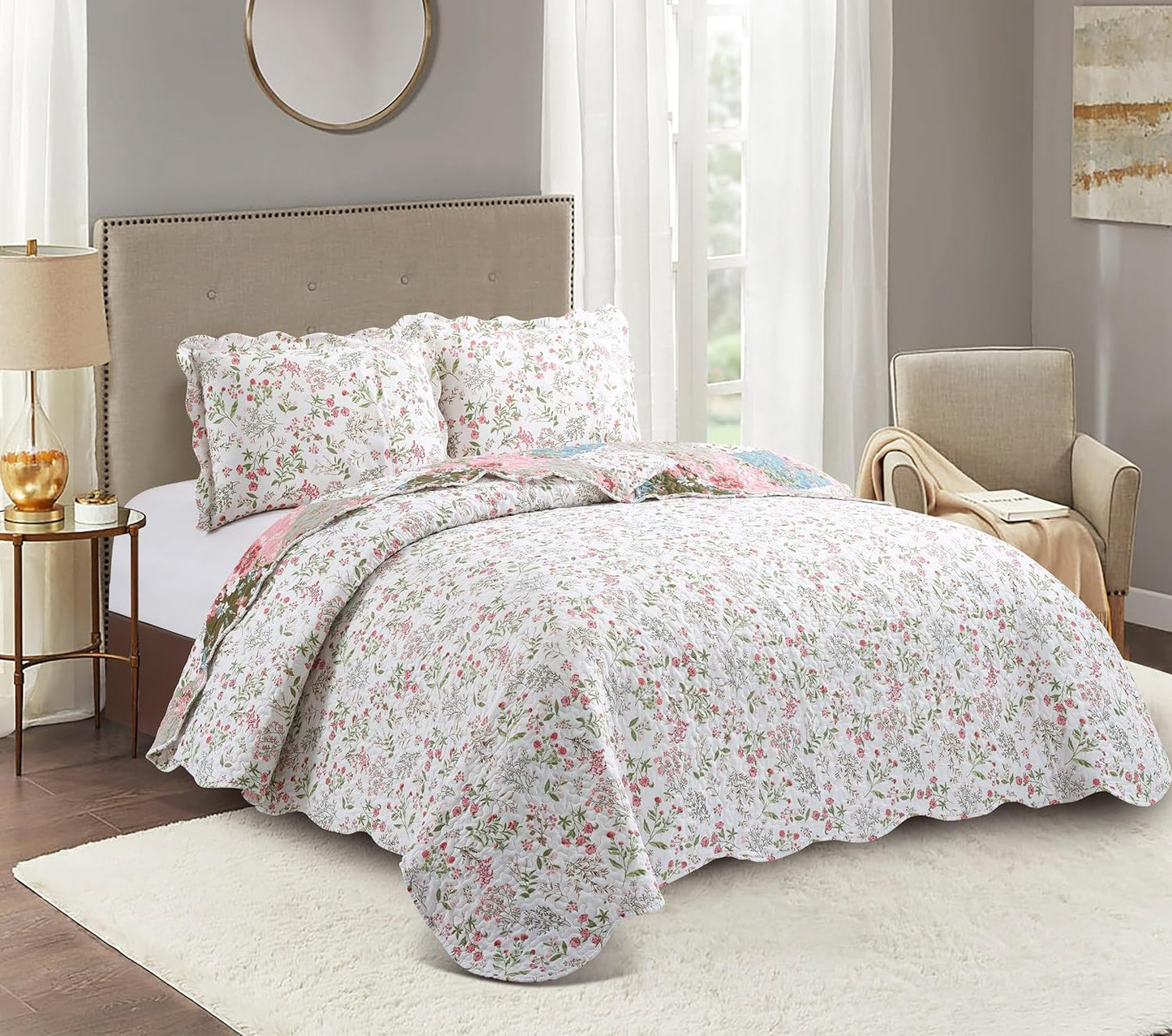 Brilliant Sunshine Peach and Olive Flowers Patchwork, 3-Piece Quilt Set with 2 Shams, Reversible Bedspread, Soft Lightweight Coverlet, All-Season, Full/Queen, Peach Olive