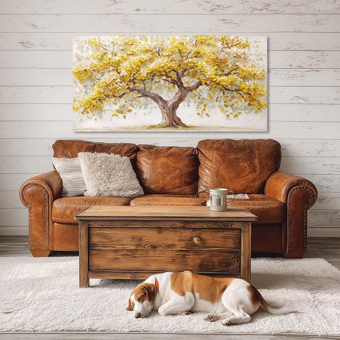 Ggaafet Yellow Ginkgo Tree Wall Art for Bedroom Canvas Oil Painting Prints Beautiful Tree of Life Art Deco Modern Artwork Office Family Dining Room Decor