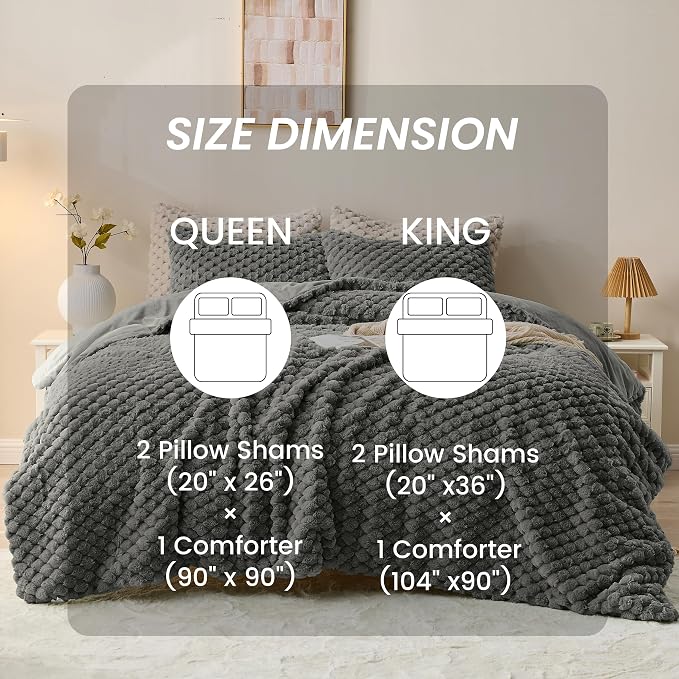 Simple&Opulence Fluffy Faux Fur Comforter Set, Plush Fuzzy Minky Bedding Set, 3 Pieces Warm Soft Comforter Bedding Set for Winter - 1 Shaggy Comforter with 2 Pillow Shams(Queen, Grid - Dark Grey)