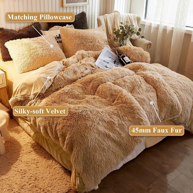 XeGe Plush Shaggy Duvet Cover Set, Luxury Ultra Soft Crystal Velvet Fluffy Bedding Sets 3 Pieces(1 Furry Faux Fur Comforter Cover + 2 Fuzzy Faux Fur Pillowcases), Zipper Closure(Queen, Camel)