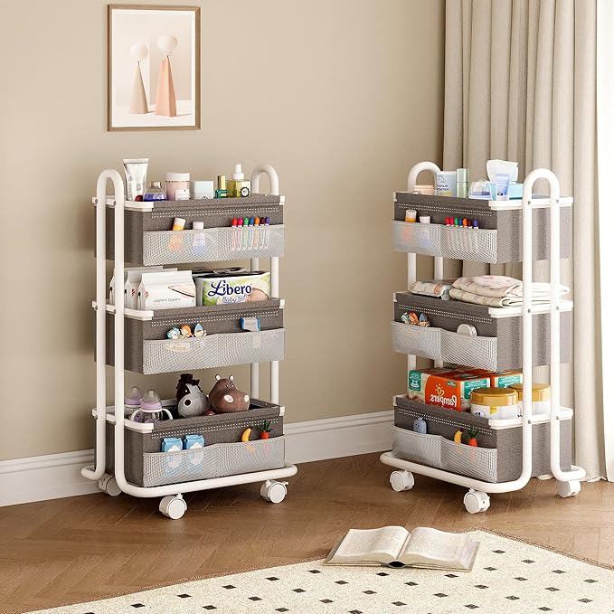 3-Tier Baby Diaper Caddy Organizer Cart, Mobile Nursery Storage Carts with Wheels, 3 Dividers & 6 Mesh Pockets Durable Metal Utility Cart for Nursery, Bedroom, Bathroom, Baby Essentials Organization