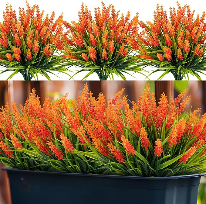 Nigirior Artificial Flowers for Outdoor Plants 24 Bundles Fake Lavender Plastic Faux Monkey Grass for Verandah Window Garden Office Patio Front Porch UV Resistant for Planter(Orange)