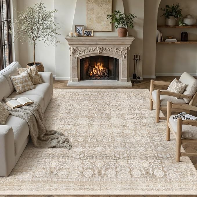 10x12 Beige Washable Neutral Area Rug for Living Room Floral Non Slip Low Pile Large Rug Indoor Vintage Traditional Stain Resistant Distressed Carpet Bedroom Dining Room Classroom Office