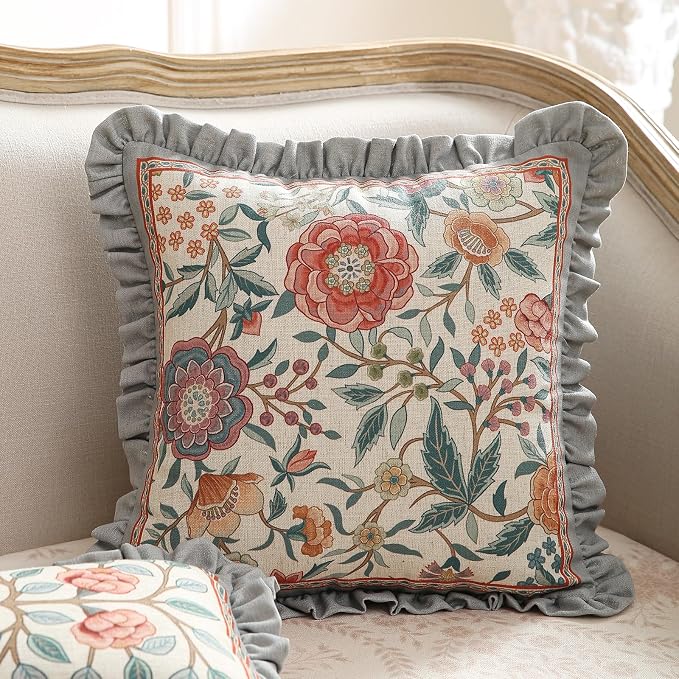 bilin gaier Vintage Linen Throw Pillow Cover,18"x18"-Flowershadow A | Designer Elegant Square Pillow Cover,Concealed Zipper Design,Floral Pattern,Sofas,Bedroom,Living Room,Lounge Chairs