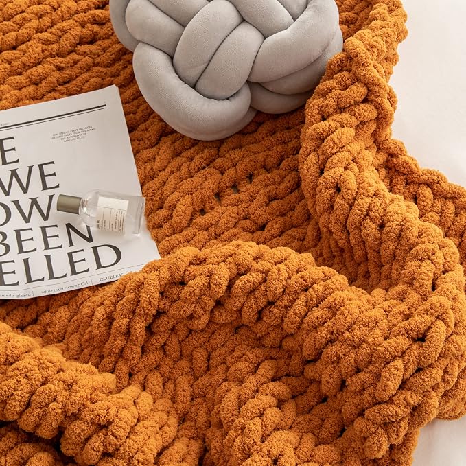 ATMOSURELY Ultra Soft Burnt Orange Chunky Knit Throw Blanket Cozy Fluffy Chenille Yarn Handmade Cable Knit Crochet Blanket for Bed Sofa Couch 50x60 Inches (Burnt Orange, 50"x60")