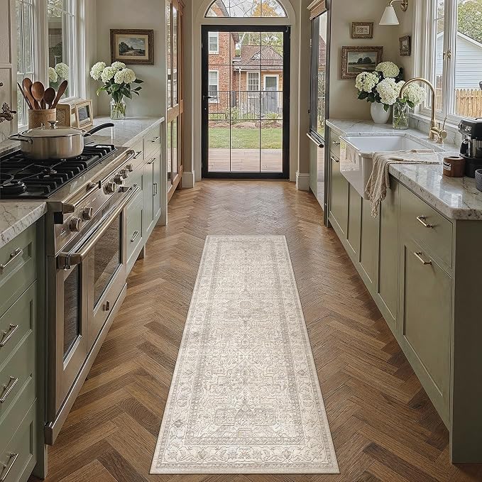2x6 Washable Vintage Runner Rug Beige Oriental Hallway Kitchen Throw Rug Neutral Non Slip Soft Low Pile Carpet for Bathroom Laundry Bedroom Living Room