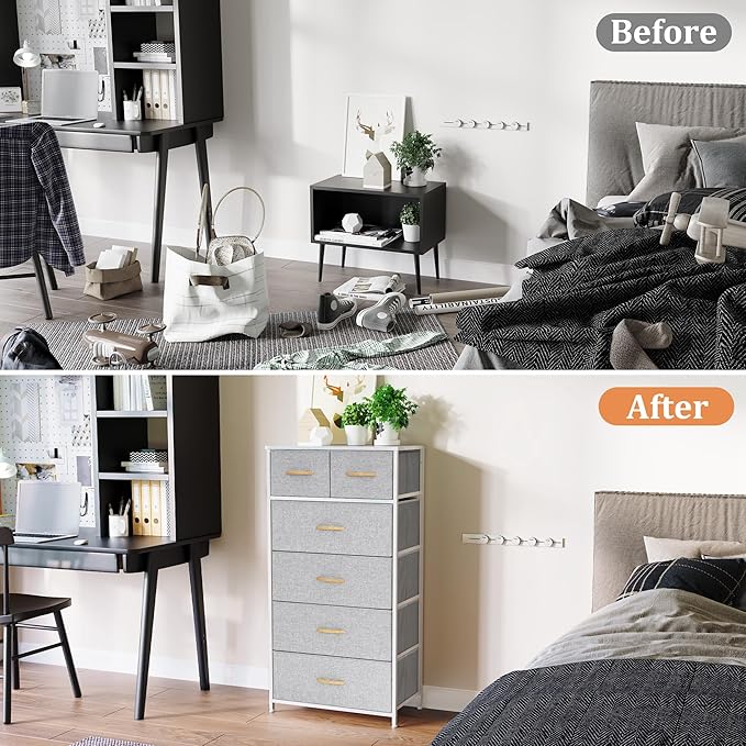 Fabric Dresser for Bedroom, Tall Skinny Dresser with 6 Drawers, Storage Organizer Tower, Steel Frame Wooden Top for Closet, Living Room, Hallway(Light Gray)