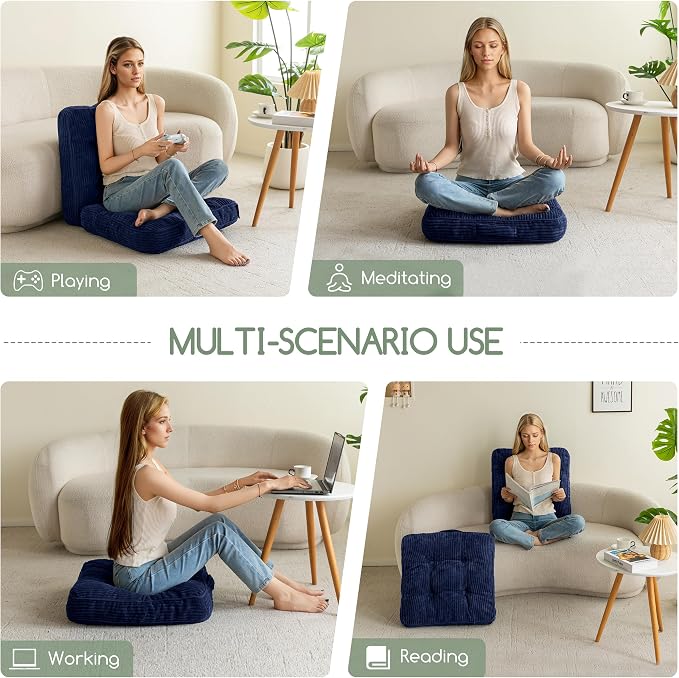 HIGOGOGO Floor Pillow Cushion for Adults, Meditation Cushion Pillow, Large Square Floor Sitting, Tufted Corduroy Cover, for Tatami Living Room or Yoga, 22x22 Inch, Navy
