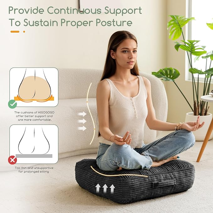 HIGOGOGO 6" Extra Thick Floor Pillow Cushion for Adults, Meditation Cushion Pillow, Large Square Floor Sitting, Tufted Corduroy Cover, for Tatami Living Room or Yoga, 22x22 Inch, 2Pack, Black