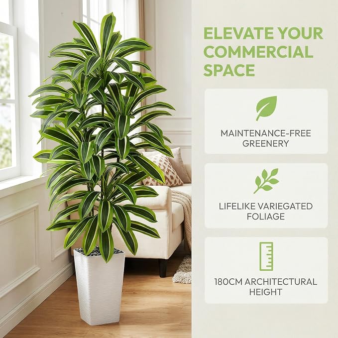 Artificial Dracaena Tree：6FT Faux Silk Tropical Yucca Floor Trees Realistic Fake Green Plant with Natural Wood Trunk & Lifelike Leaves for Home Office Decor Indoor & Outdoor (6FT,1-Pack,White)