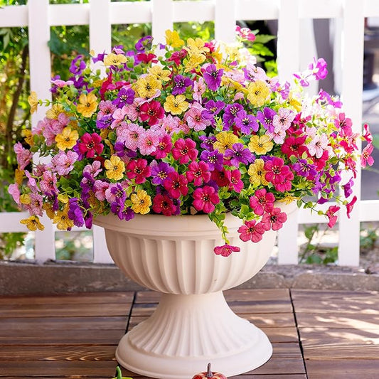 Artificial Fake Flowers Plants for Outdoors Spring Summer Decor,16 Bundles Faux Plant Flowers Silk Daisy UV Resistant for Outside Planter Front Porch Patio Yard Garden Home(Pink,Purple,Yellow,Fuchsia)
