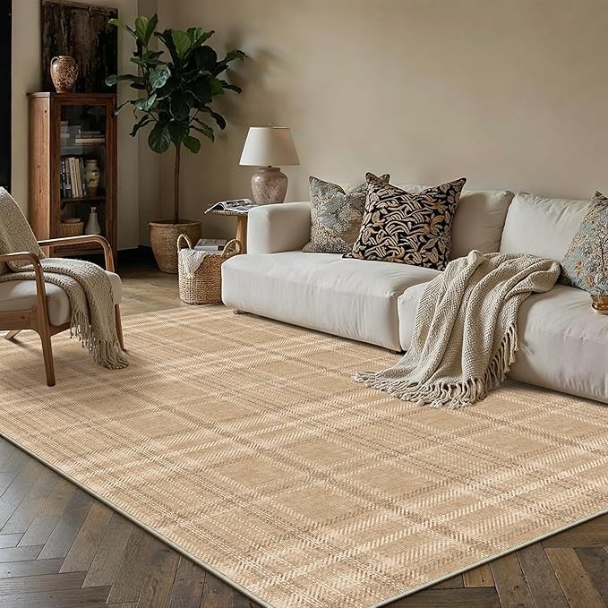 4x6 Brown Area Rug for Living Room Bedroom Machine Washable Low Pile Checkered Carpet Modern Accent Soft Non Slip Rug for Dining Room Nursery Office Indoor