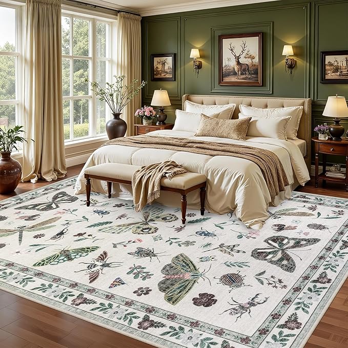 6x9 Area Rugs Living Room Rug: Vintage Washable Rug Floral Soft Carpet Indoor Floor Non-Slip Boho Stain Resistant Large Carpets for Bedroom Kids Nursery Dining Room Farmhouse Home Office Beige