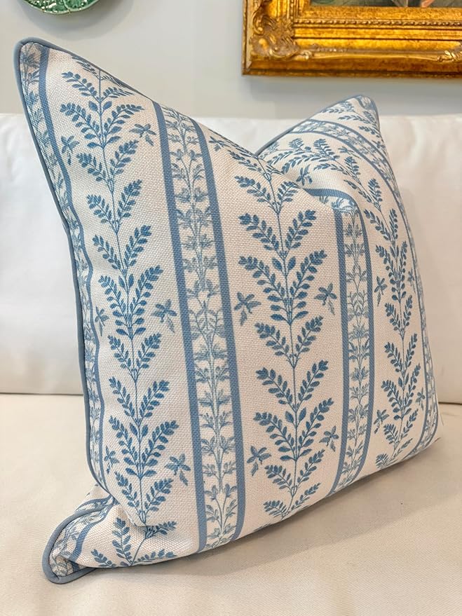 Jillien Harbor “The Louis” Blue Floral Block Print Pillow Cover – Decorative Throw Pillow Cover with Off-White Background – Grandmillennial Home Decor, 20" x 20"