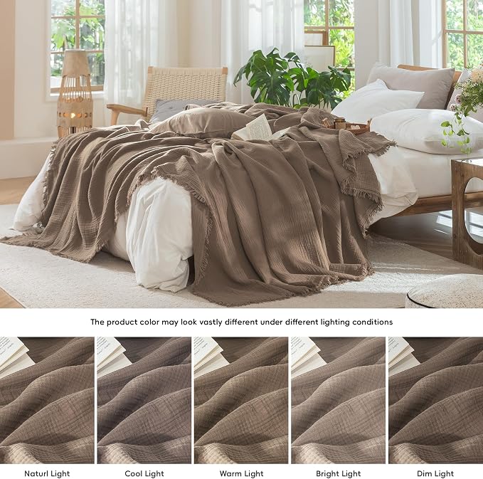 MooMee Muslin Blanket - 100% Cotton 4-Layer Gauze Throw Blanket with All-Around Fringe, Soft Breathable Lightweight Cooling Summer Blankets for Bed Couch(Brown, Queen 90" x 90")