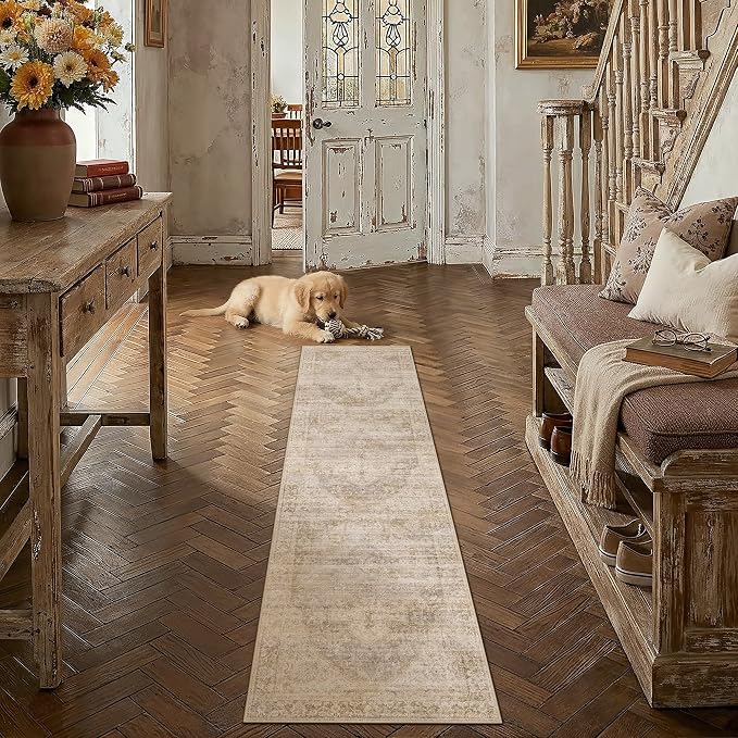 2x8 Washable Neutral Runner Rug Beige Vintage Hallway Kitchen Carpet Non-Slip Soft Low Pile Oriental Throw Rug for Bedroom Bathroom Laundry Living Room