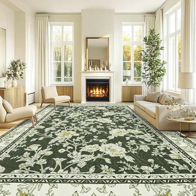 Olive Green Boho 9x12 Rug Living Room Extra Large Washable Non Slip Soft Farmhouse Carpet for Bedroom Dining Room Playroom Cream Beige and Green Peony Lily Aesthetic Pattern Floral Area Rug