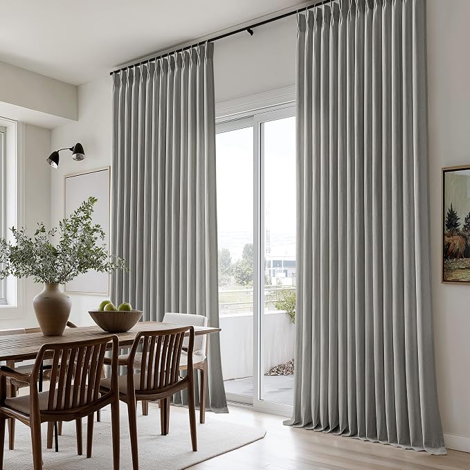 Grey Linen Pinch Pleat Curtains 84 Inches Long for Living Room Flax Gray Pinch Pleated Drapes with Hooks Rings Back Tab Farmhouse Boho Light Filtering Semi Sheer Curtains for Dining Bedroom Office